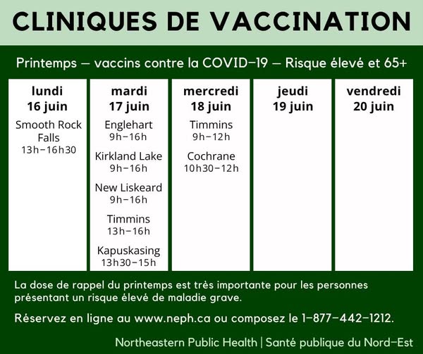 Cliniques de grippe et COVID-19 à NEPH pour la semaine du 16 juin : lundi - Smooth Rock tombe de 13 h 30.; mardi - Englehart, Kirkland Lake et New Liskeard de 9 h à 16 h, Timmins de 13 h à 16 h, Kapuskasing de 13 h 30 à 15 h; et mercredi, Timmins de 9 h à midi, Cochrane de 10 h 30 à midi. Toutes les cliniques ont lieu dans les bureaux de santé publique du Nord-Est.